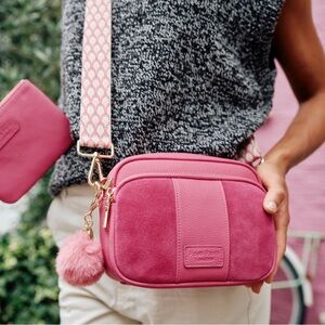 Pom Pom London city suede and leather bag in pink + two additional straps